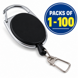 A retractable badge reel keychain with a black oval face, silver metal frame and clips, shown on a white background with a blue circular badge that reads 'PACKS OF 1-100'.