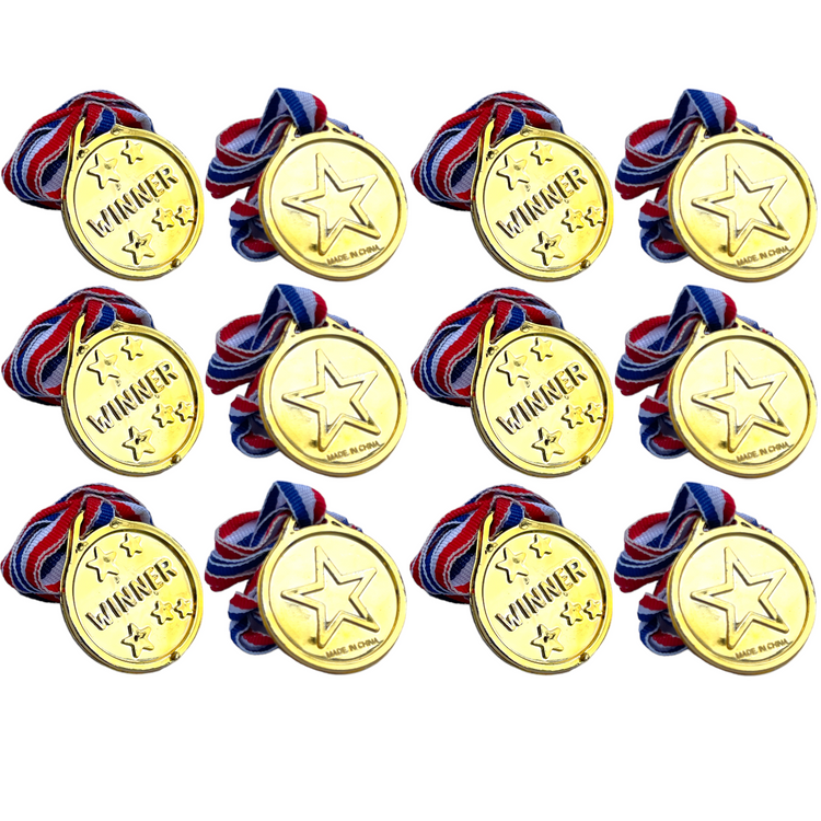 12x Plastic Gold Medals Kids Sports Day Winner Prize Party Bag Filler Award Toys