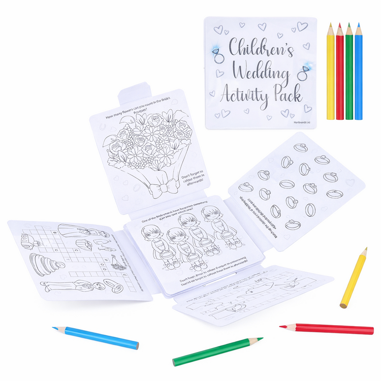 Children's wedding activity pack with coloring pages and colored pencils on a white background