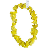 Yellow flower lei with a tag on a white background