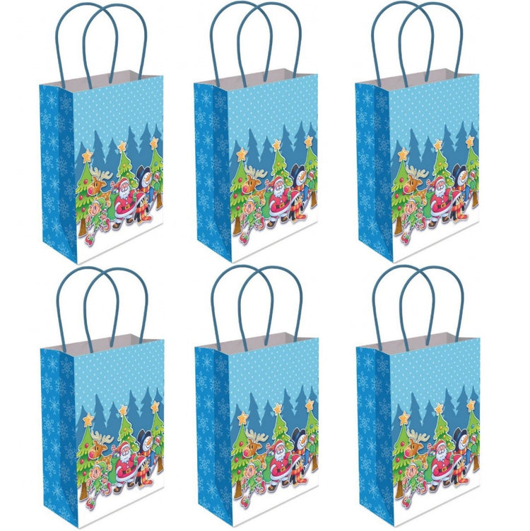 Set of six Christmas-themed gift bags with Santa Claus and reindeer design on a white background.