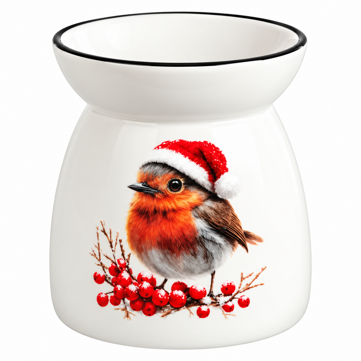A white ceramic Christmas oil burner featuring a printed illustration of a robin bird wearing a red Santa hat and perched on a branch with red berries, set against a plain white background.