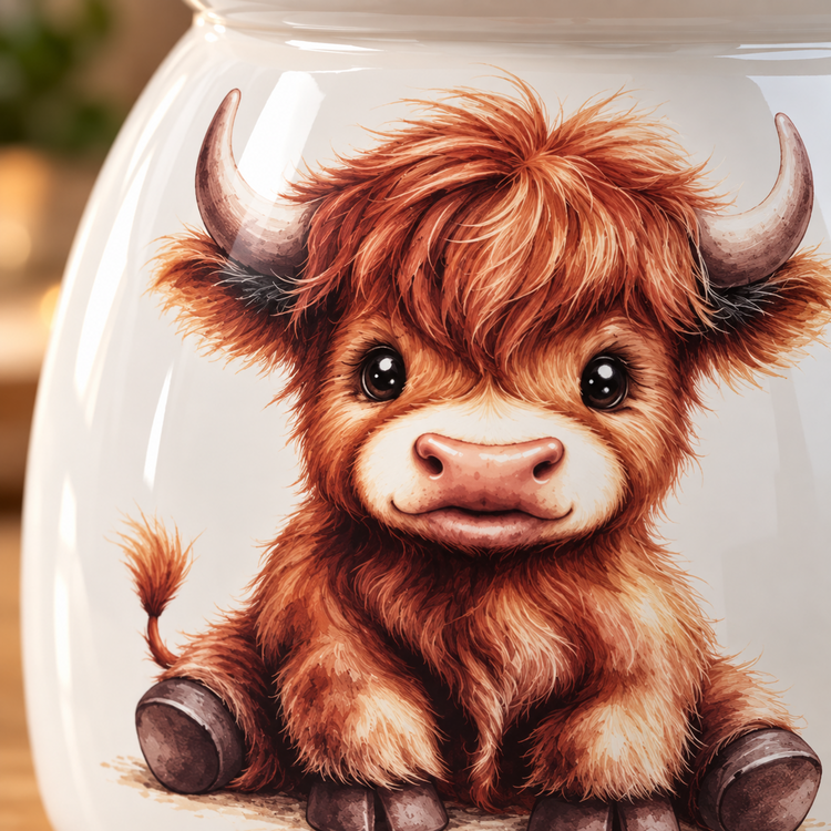 A close-up of a glossy white ceramic jar featuring a detailed illustration of a fluffy brown Scottish highland cow with large horns and dark eyes.