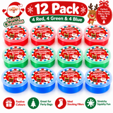 A 12-pack of Christmas-themed slime in red, green, and blue, presented in round plastic tubs with festive labels. The image includes promotional graphics such as 'Merry Christmas', '12 Pack', and feature icons for stocking fillers and party bags.