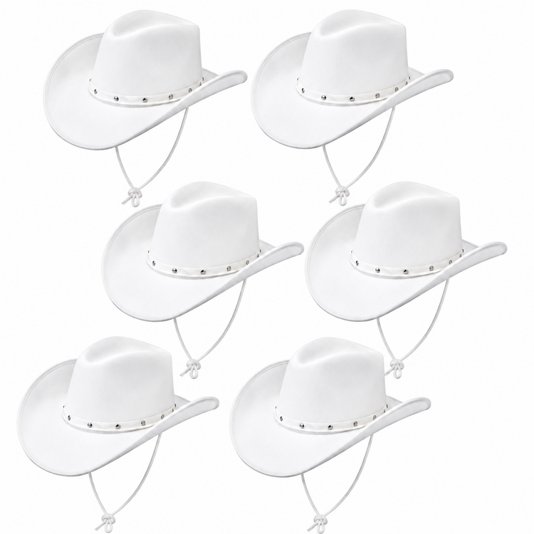 Six white cowboy hats with white chin straps and small metallic studs, arranged in two columns on a plain white background.