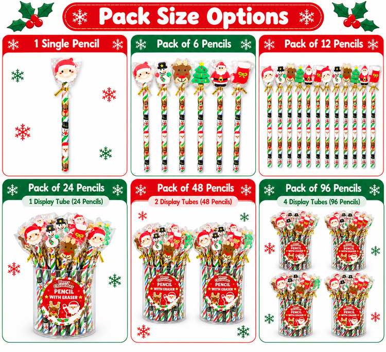 A promotional options chart titled 'Pack Size Options' showing different quantities of Christmas-themed pencil candy sticks: 1, 6, 12, 24, 48, and 96 pencils, each displayed in a display tube with Santa hats and holiday decorations.