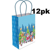 Christmas-themed gift bag with Santa Claus, reindeer, and trees on a blue background with snowflakes, labeled '12pk'.