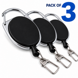 Three black and silver retractable badge reel keychains arranged in a row on a white background, with a blue text overlay reading 'PACK OF 3'.