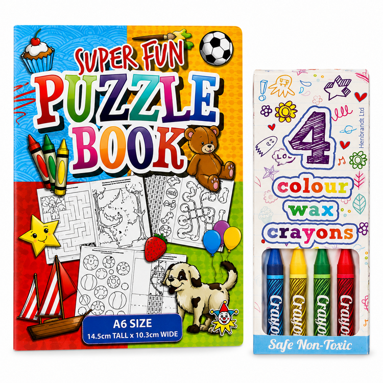 Kids A6 Puzzle Activity Book With Colouring Crayons Party Bag Filler 1-96 Pack