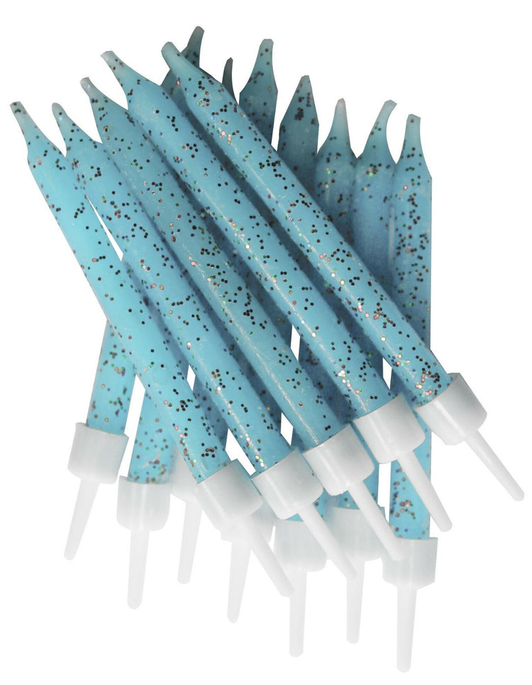 Light Blue Cake Candles 12pk Glitter 7cm Happy Birthday Party Topper Decoration