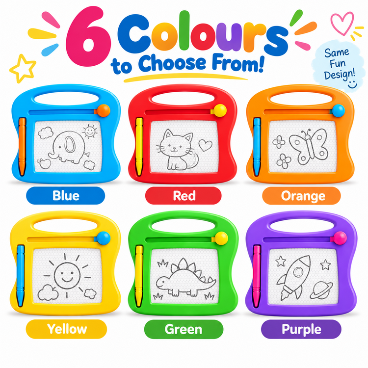 Six colorful children's drawing tablets are shown in a grid on a white background, with large text reading '6 Colours to Choose From!' and labels below each tablet: Blue, Red, Orange, Yellow, Green, and Purple.