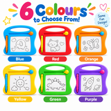 Six colorful children's drawing tablets are shown in a grid on a white background, with large text reading '6 Colours to Choose From!' and labels below each tablet: Blue, Red, Orange, Yellow, Green, and Purple.