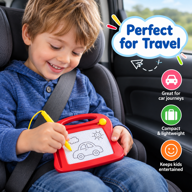 A young boy in a blue sweater sits in a car seat and draws on a red magnetic drawing board with a yellow stylus. The image includes marketing text and icons reading 'Perfect for Travel,' 'Great for car journeys,' 'Compact & lightweight,' and 'Keeps kids entertained.