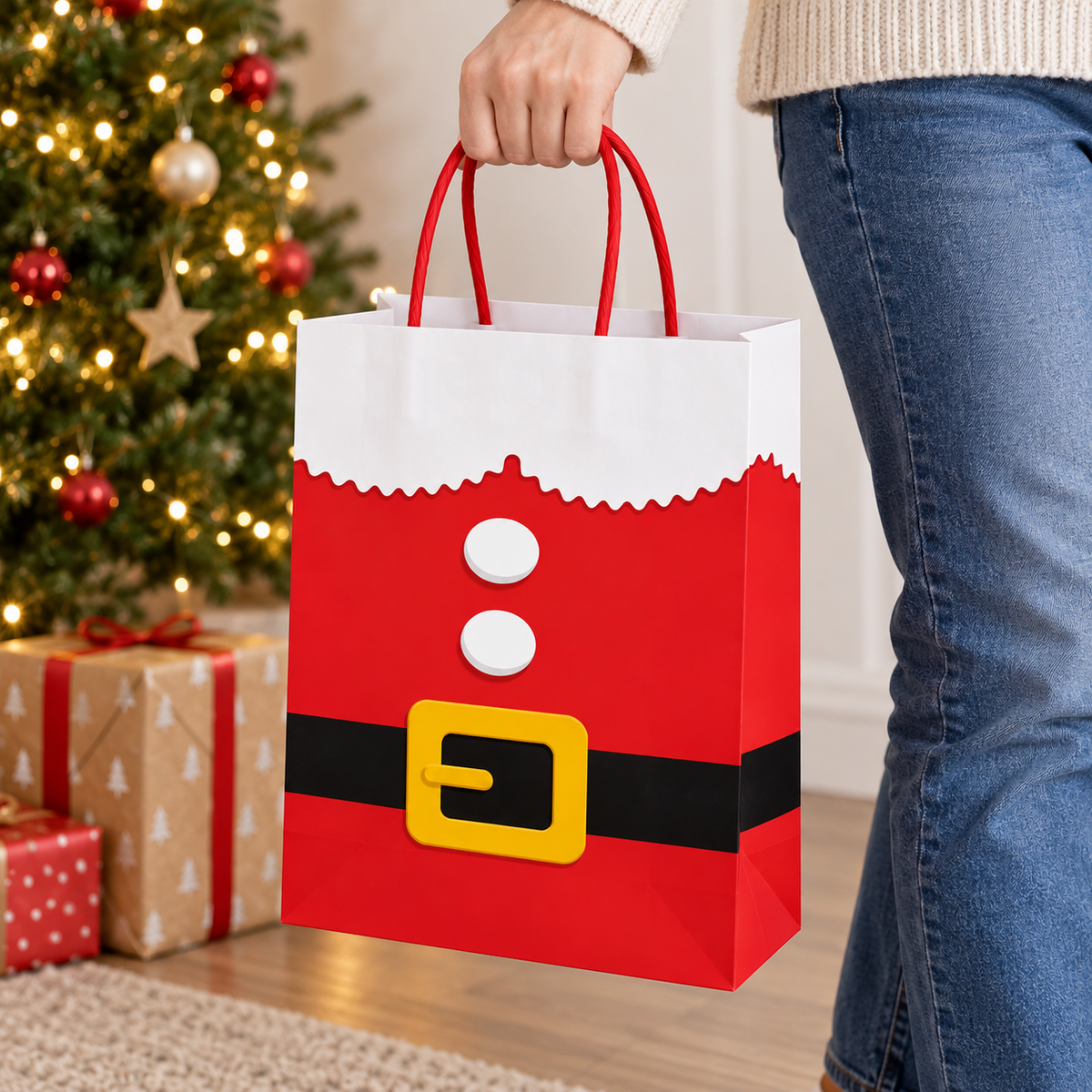 A person holding a red and white Santa Claus-themed paper gift bag with a black belt and yellow buckle detail, standing in a decorated holiday room next to wrapped presents and a Christmas tree.