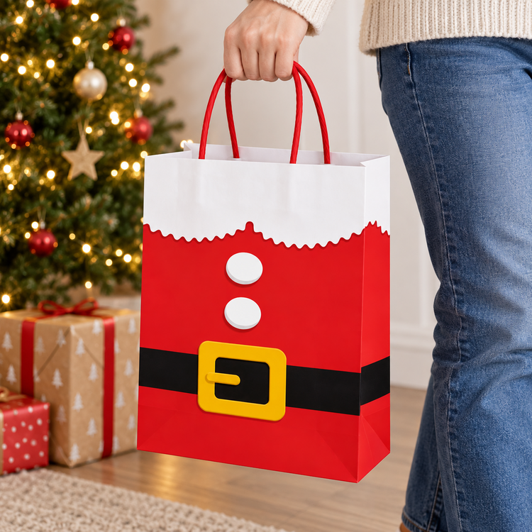A person holding a red and white Santa Claus-themed paper gift bag with a black belt and yellow buckle detail, standing in a decorated holiday room next to wrapped presents and a Christmas tree.