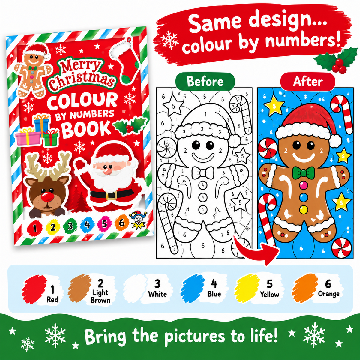 Christmas colour by numbers book cover shown alongside a before-and-after coloring example of a gingerbread man, with a numbered color palette at the bottom and text reading 'Same design.