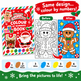 Christmas colour by numbers book cover shown alongside a before-and-after coloring example of a gingerbread man, with a numbered color palette at the bottom and text reading 'Same design.