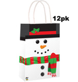 Snowman-themed gift bag with a red scarf and holly design, labeled '12pk' on a white background.