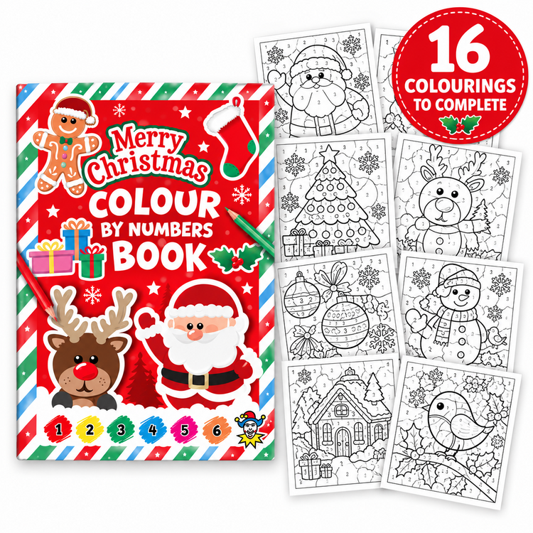 Merry Christmas Colour by Numbers Book with 16 printable coloring pages shown next to it on a white background.