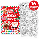 Merry Christmas Colour by Numbers Book with 16 printable coloring pages shown next to it on a white background.
