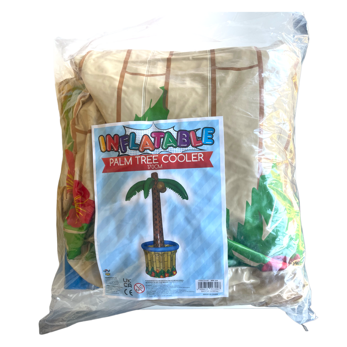 Inflatable palm tree cooler packaging with a clear bag on a white background