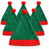 Five green felt Christmas elf hats with red trim and red pom-poms, arranged overlapping on a white background.