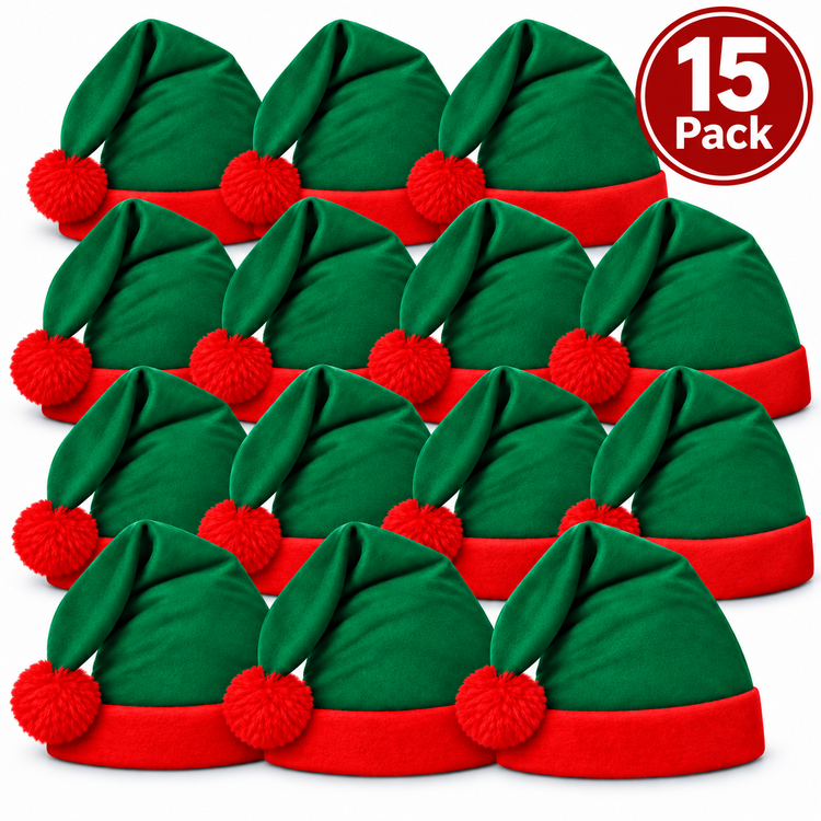 Twelve green and red Christmas elf hats arranged in a grid on a white background, with a red circular badge in the top right that reads '15 Pack'.