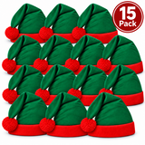 Twelve green and red Christmas elf hats arranged in a grid on a white background, with a red circular badge in the top right that reads '15 Pack'.