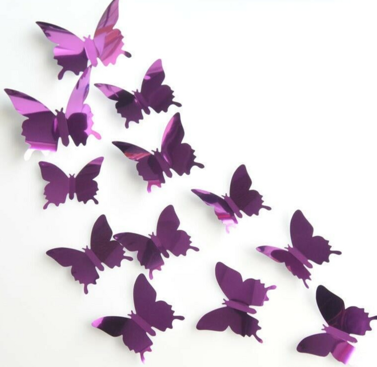 12 Mirror Purple Butterfly Wall Sticker 3D Metallic Decal Room Decorations Decor