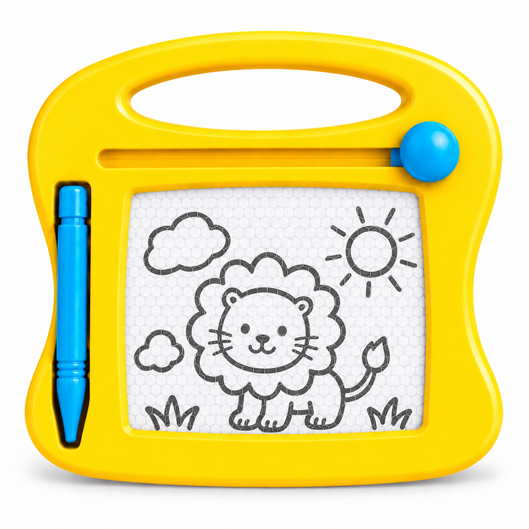 A bright yellow children's magnetic drawing board toy with a handle, blue pen, and blue slider, featuring a white writing surface with a black line drawing of a lion, clouds, grass, and sun.