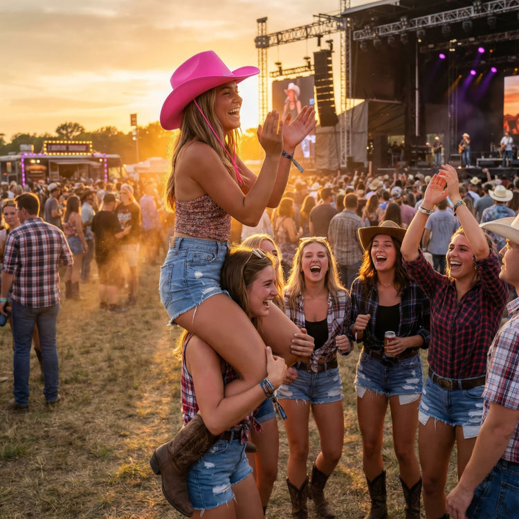 People enjoying a concert with one person being lifted, wearing a pink cowboy hat.