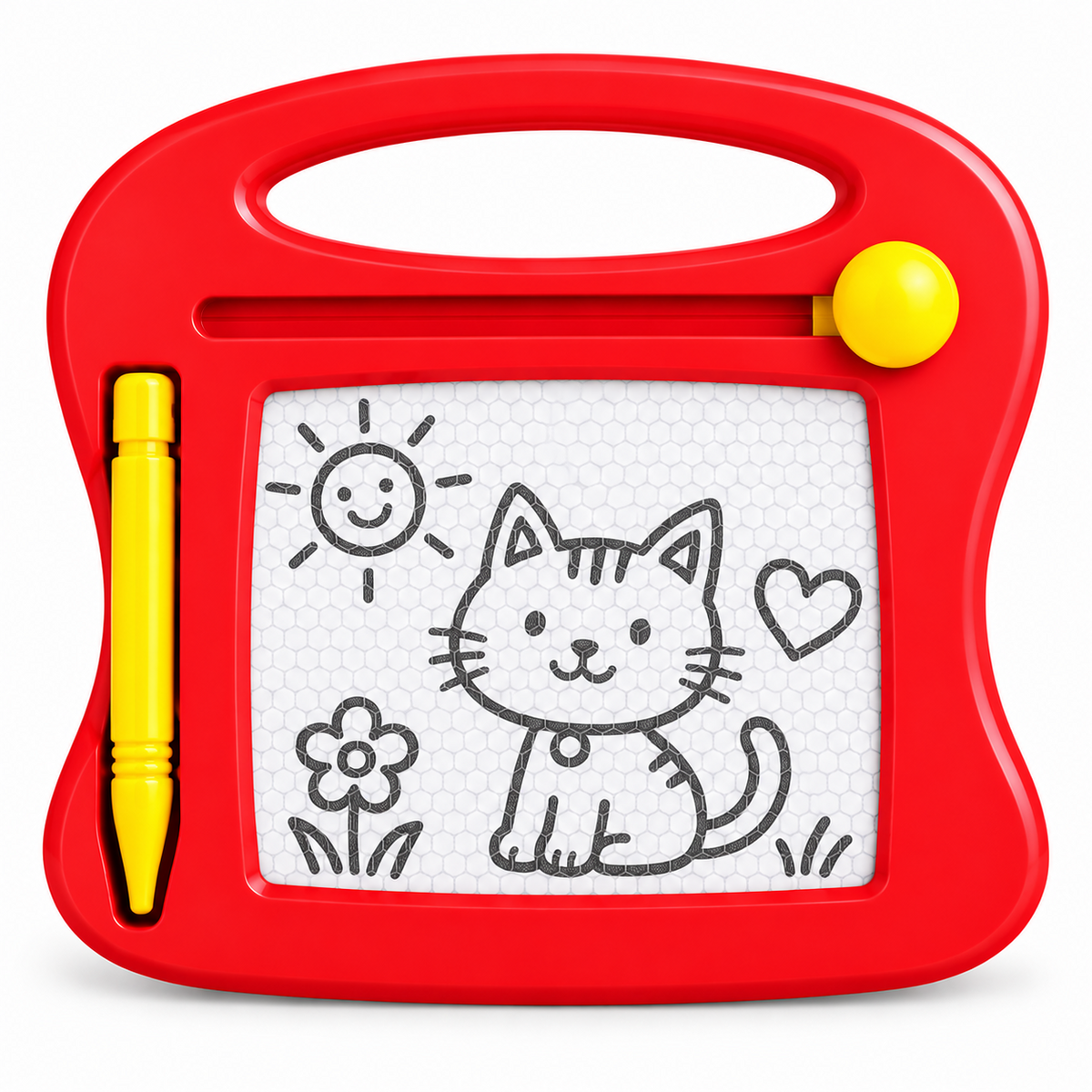 A red children's magnetic drawing board with a yellow stylus, featuring a white writing surface with black cartoon drawings of a cat, sun, flower, and heart.
