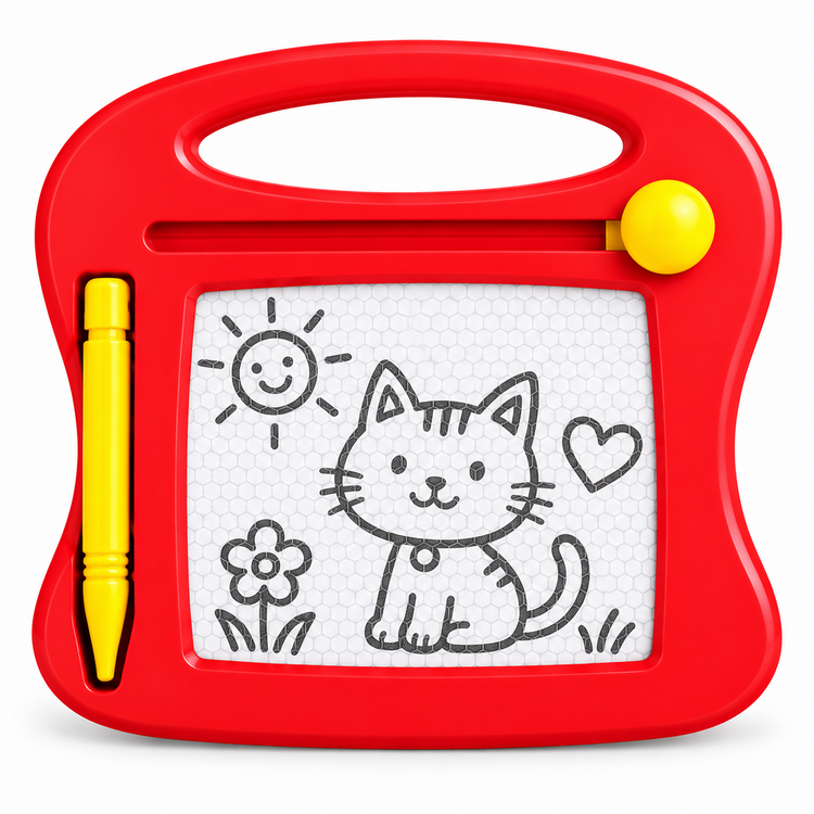 A red children's magnetic drawing board with a yellow stylus, featuring a white writing surface with black cartoon drawings of a cat, sun, flower, and heart.