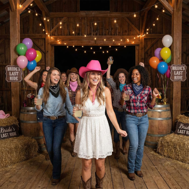 Group of women celebrating a bridal shower in a barn with balloons and 'Bride's Last Ride' signs.