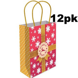 Decorative paper gift bag with snowflakes and a bow, featuring '12pk' text.
