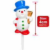 A snowman-shaped stick decoration with a blue top hat, red nose and boots, green buttons, and a gold hat, shown on a white stick with a red size marker indicating 4cm height.
