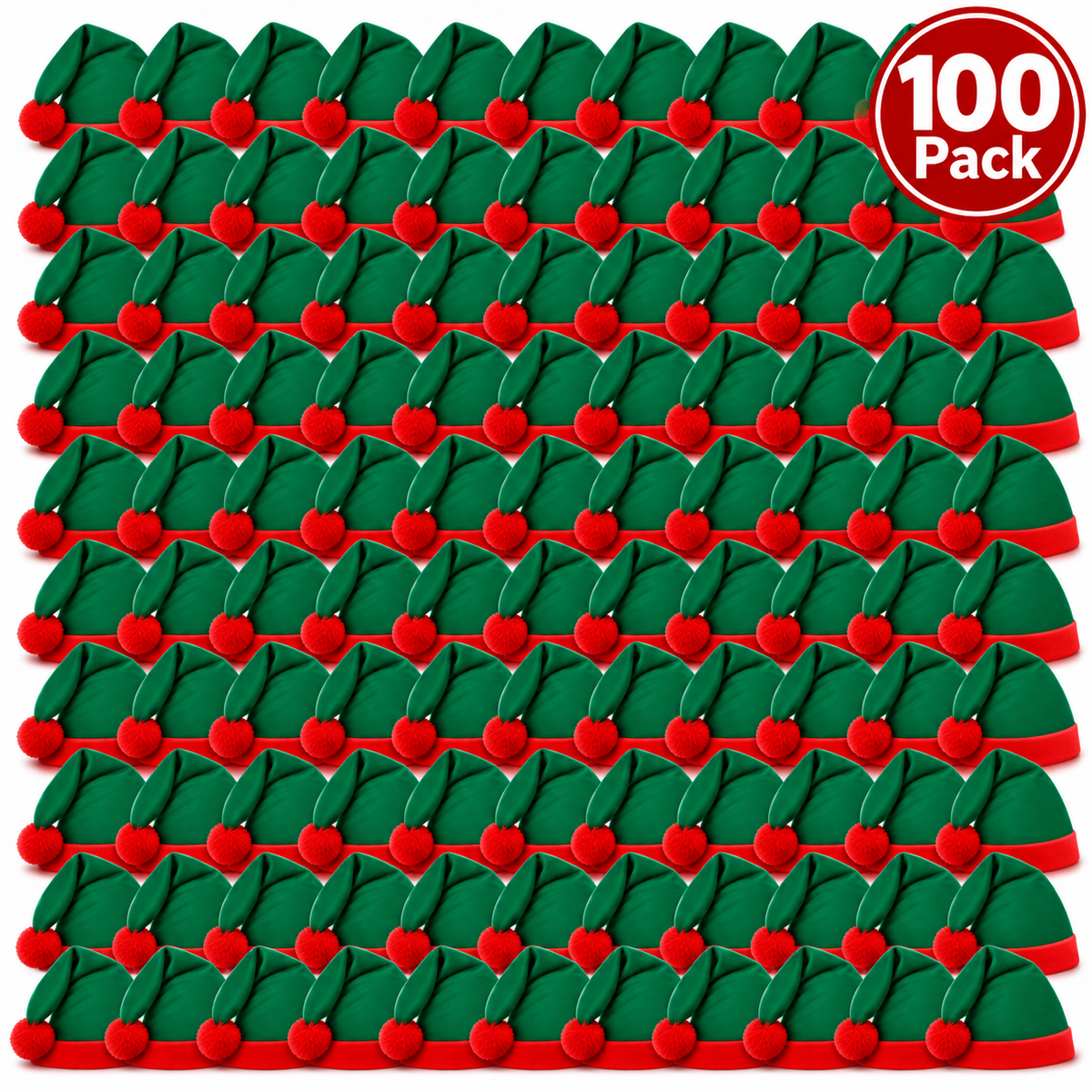 A 100-pack of green elf hats with red pom-poms, arranged in a neat grid on a white background with a red '100 Pack' badge in the top right corner.