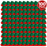 A 100-pack of green elf hats with red pom-poms, arranged in a neat grid on a white background with a red '100 Pack' badge in the top right corner.