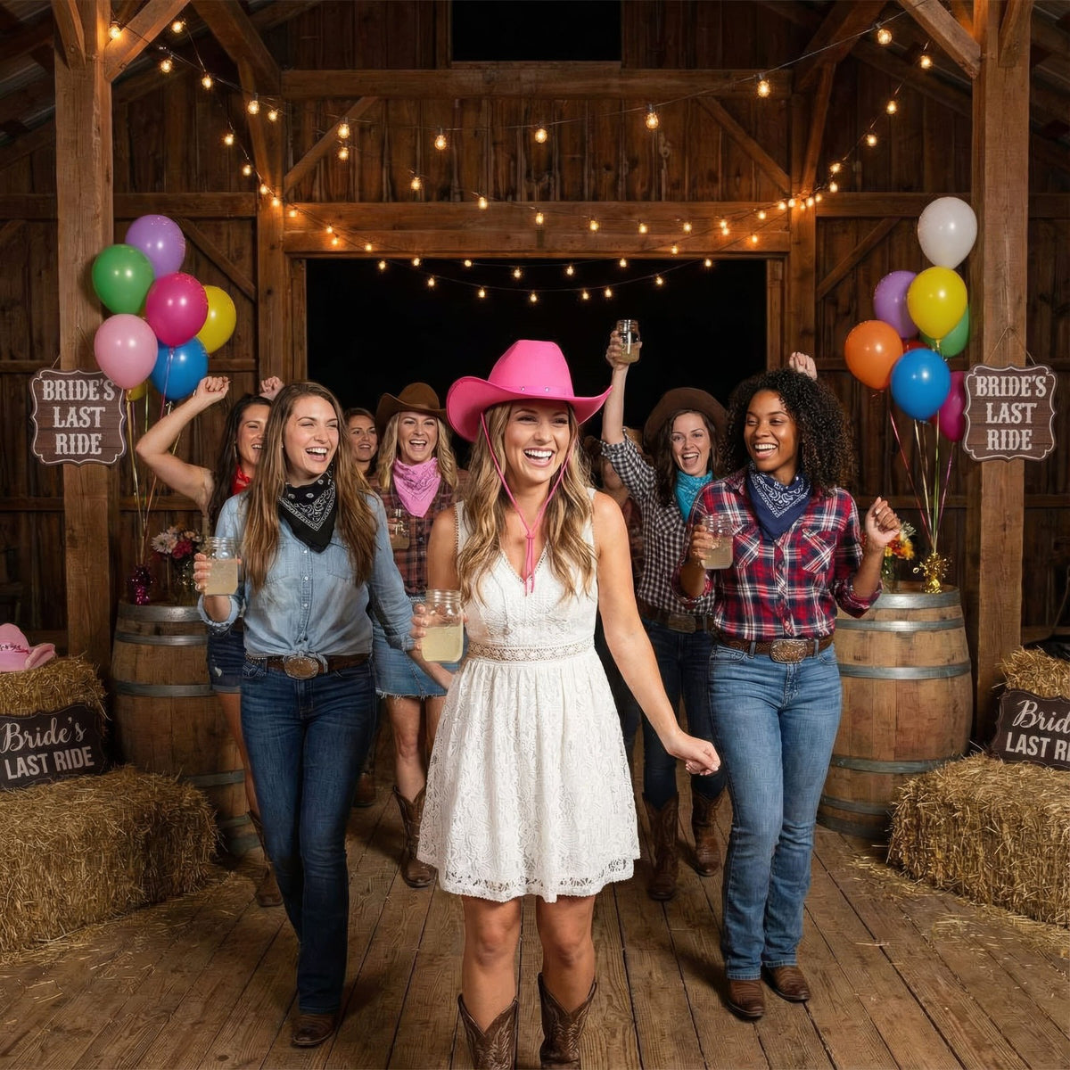 Group of women celebrating a bridal shower in a barn with balloons and 'Bride's Last Ride' signs.
