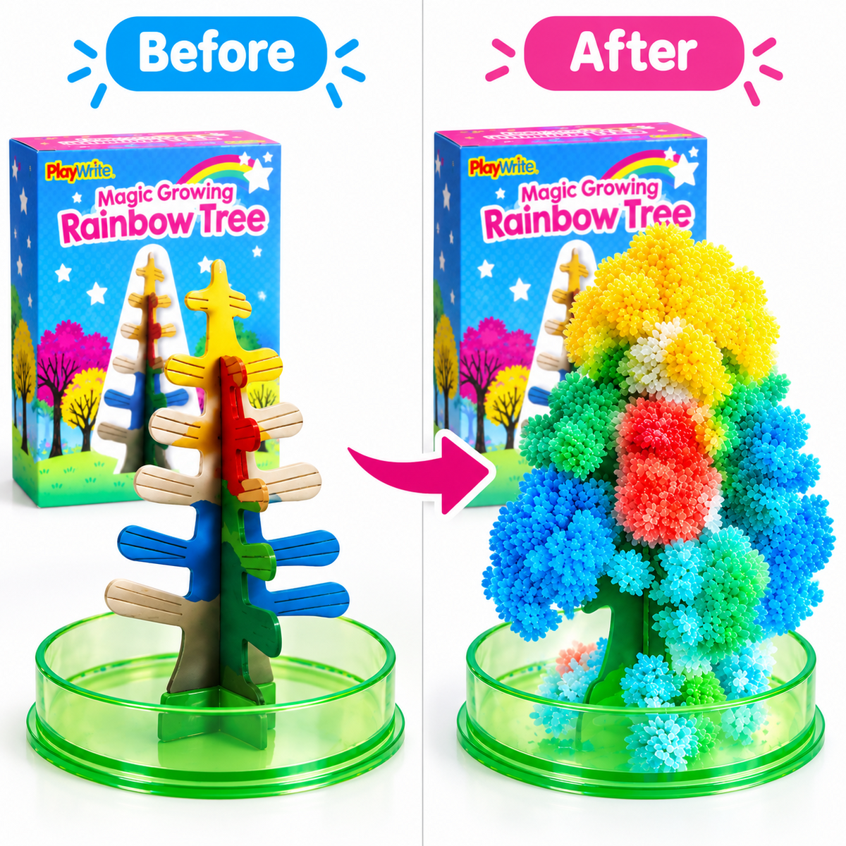 Before and after comparison of a Playwitha Magic Growing Rainbow Tree toy. On the left, the tree is shown assembled with wooden pegs in a green base next to its product box.