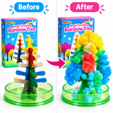 Before and after comparison of a Playwitha Magic Growing Rainbow Tree toy. On the left, the tree is shown assembled with wooden pegs in a green base next to its product box.