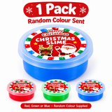Three round plastic containers of Christmas-themed slime shown on a white background, with a large blue container in front and two smaller red and green containers behind it. A red banner at the top reads '1 Pack Random Colour Sent,' and a red banner at the bottom says 'Red, Green or Blue – Random Colour Supplied.
