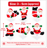Six Santa Claus cupcake toppers in assorted poses on white picks, with size text reading 3-5cm (approx) and measurement arrows indicating the height and width.