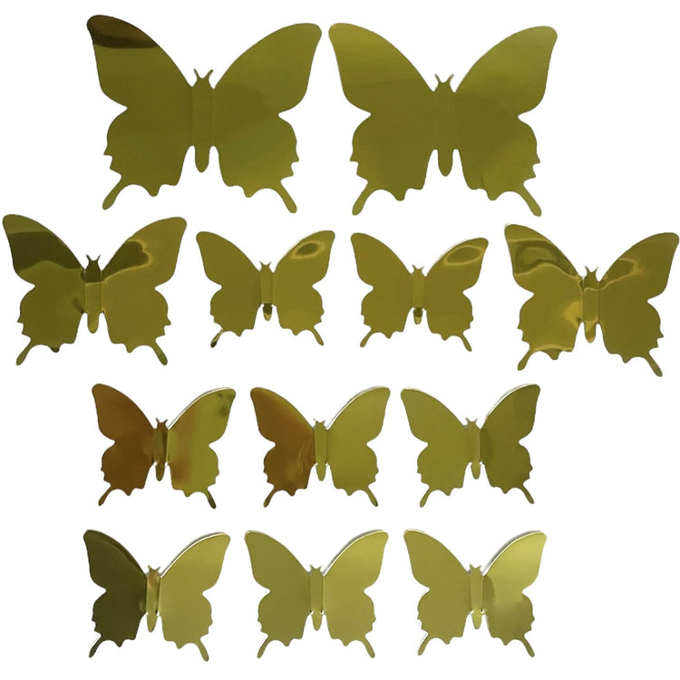 12 Mirror Gold Butterfly Wall Stickers 3D Metallic Decal Room Decorations Decor