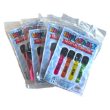 Packaging of inflatable neon microphones with colorful handles on a white background
