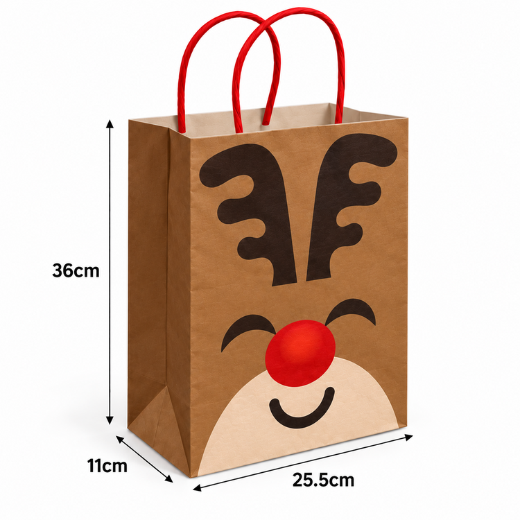 A brown paper gift bag with red handles and a Rudolph the Red-Nosed Reindeer face print, shown with dimension labels indicating 36 cm height, 11 cm width, and 25.5 cm depth on a white background.
