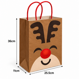 A brown paper gift bag with red handles and a Rudolph the Red-Nosed Reindeer face print, shown with dimension labels indicating 36 cm height, 11 cm width, and 25.5 cm depth on a white background.