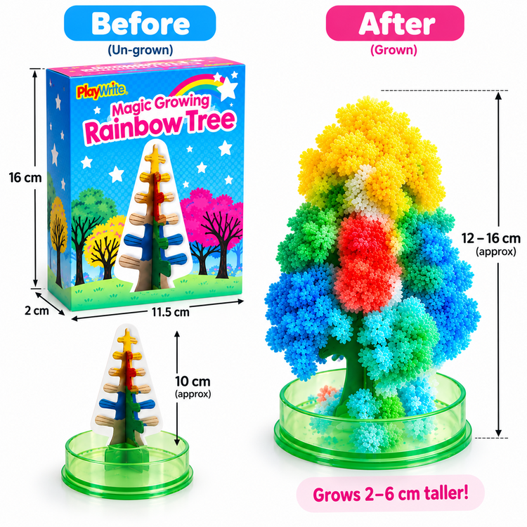 Before-and-after comparison for a PlayWits Magic Growing Rainbow Tree toy, showing the ungrown box and small tree on the left, and the grown rainbow tree on the right with height measurements.