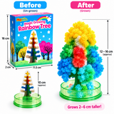 Before-and-after comparison for a PlayWits Magic Growing Rainbow Tree toy, showing the ungrown box and small tree on the left, and the grown rainbow tree on the right with height measurements.