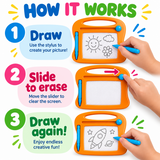 An instructional graphic titled 'HOW IT WORKS' showing three steps for using an orange magnetic drawing tablet: draw with the stylus, slide to erase, and draw again. Two hands are visible holding the stylus and sliding the tablet, on a white background with colorful text and icons.